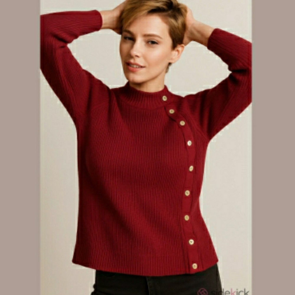 NWT Cable & Gauge Red/ Fuchsia Knit Sweater With Gold Buttons Details  Large